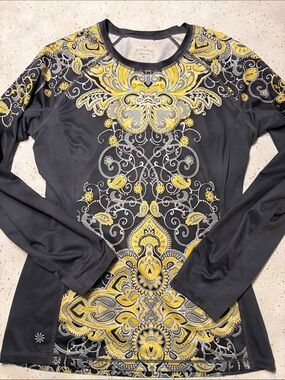Athleta Black Long-Sleeve Performance Top with Yellow & Gray Motif